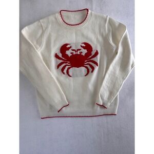 Womens White Red Crab Graphic Knit Crewneck Sweater Nautical Coastal Size M
